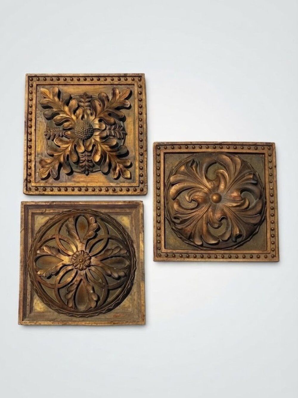 Set of 3 Vintage Heavy Resin Wall Plaques Gold Tone Floral Medallion Square MCM